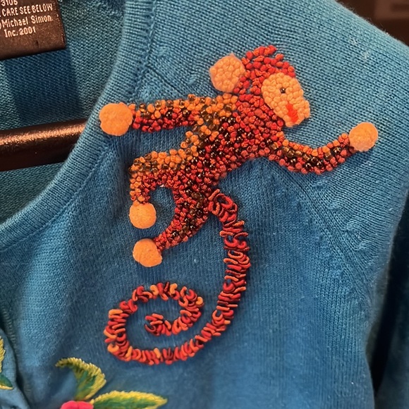 Michael Simon turquoise Large cardigan w/ beaded monkeys - Excellent condition - Picture 3 of 8